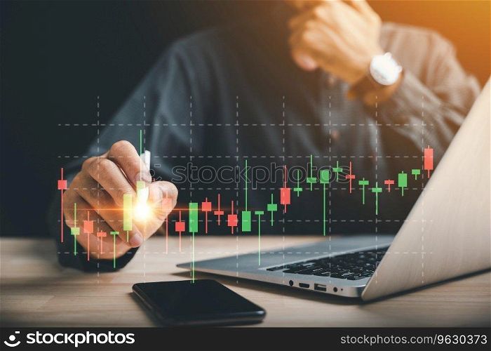 Businessman holds a digital pen, touching and showing a growing virtual hologram stock on a smartphone. Stock market concept for business growth and success. Invest in trading with strategic planning.