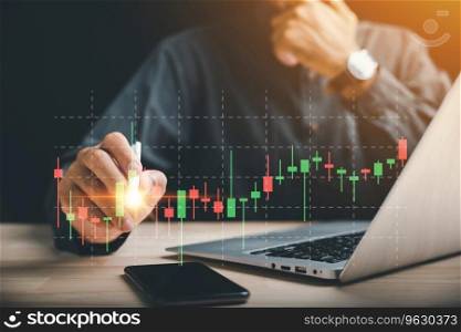 Businessman holds a digital pen, touching and showing a growing virtual hologram stock on a smartphone. Stock market concept for business growth and success. Invest in trading with strategic planning.