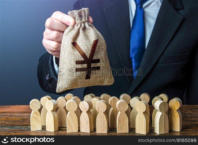Businessman holds out a chinese yuan or japanese yen money bag to the crowd. Providing money, paying salaries and grants. Compensation payments. Staff maintenance. Financial support. Tax collection.