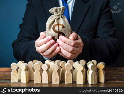 Businessman holds out a dollar money bag to the crowd. Official. Providing money, paying salaries and grants. Staff maintenance. Financial support. Tax collection. Compensation payments. Share profit.