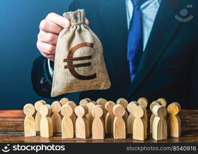 Businessman holds out a euro money bag to the crowd. Compensation payments. Official. Staff maintenance. Financial support. Tax collection. Providing money, paying salaries and grants.