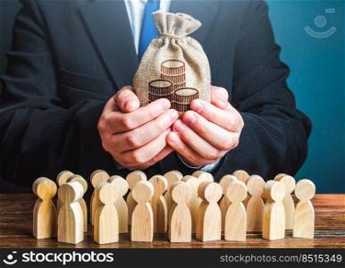 Businessman holds out a money bag to the crowd. Official. Staff maintenance. Tax collection. Compensation payments. Share profit. Providing money, paying salaries and grants. Financial support.
