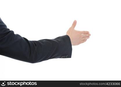 Businessman holds out his hand for a handshake. Isolated on white
