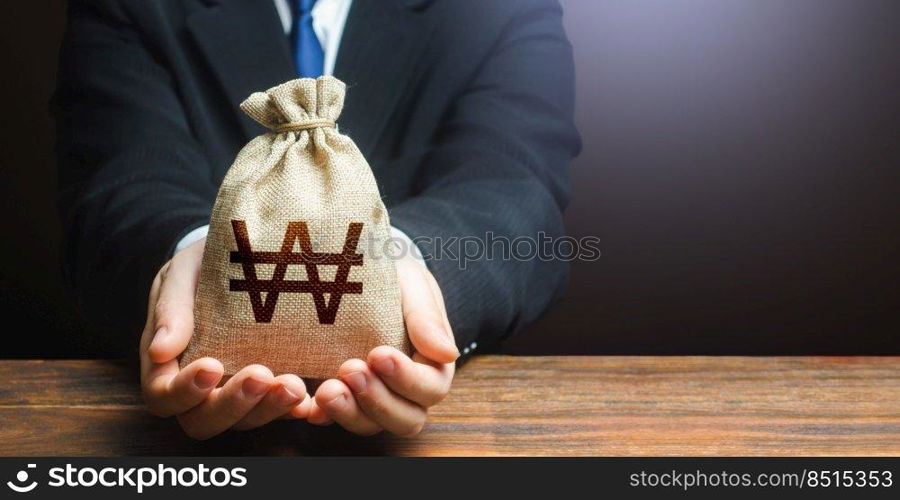 Businessman holds out south korean won money bag. Getting a grant. Mortgage, loan approval. Salary, benefits, profit. Attracting investments. Deposit savings. Cashback. Banking and crediting.