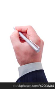 businessman holds silver pen