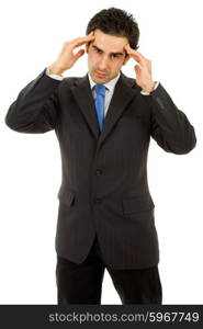 Businessman in a suit gestures with a headache