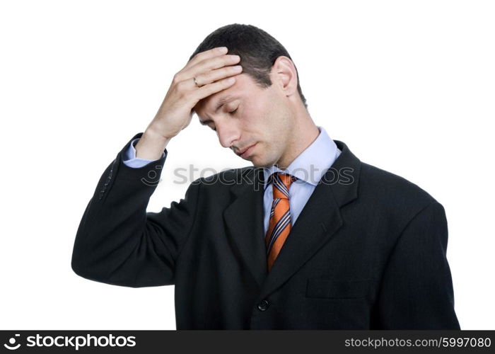 Businessman in a suit gestures with a headache