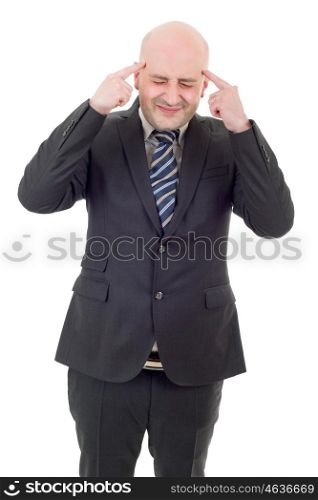 Businessman in a suit gestures with a headache, isolated