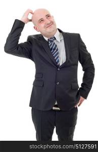 Businessman in a suit gestures with a headache, isolated