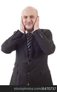 Businessman in a suit gestures with a headache, isolated. headache