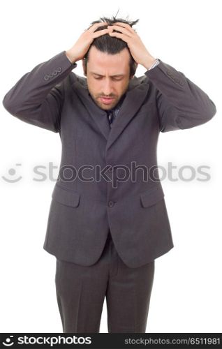 Businessman in a suit gestures with a headache, isolated. headache