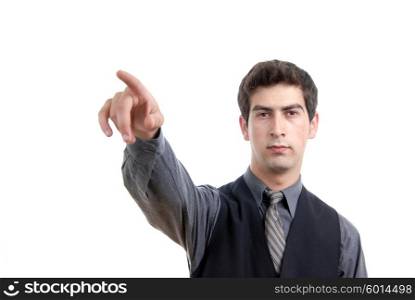 Businessman in a suit gestures with his finger