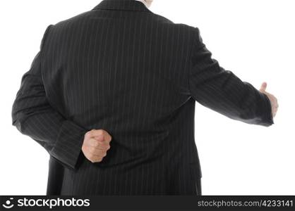 Businessman in a suit holds out his hand for a handshake. Isolated on white