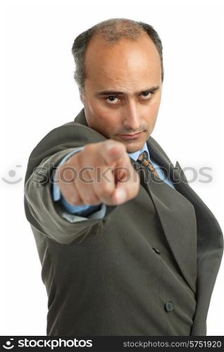 Businessman in a suit pointing, focus on the face