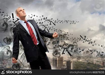 Businessman in anger. Image of young businessman in anger against illustration background