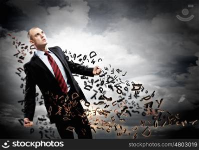 Businessman in anger. Image of young businessman in anger against illustration background