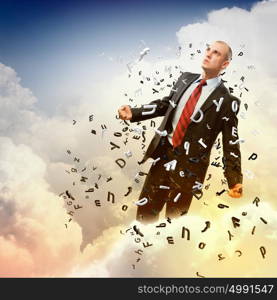 Businessman in anger. Image of young businessman in anger against illustration background