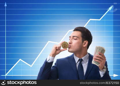 Businessman in bitcoin price increase concept