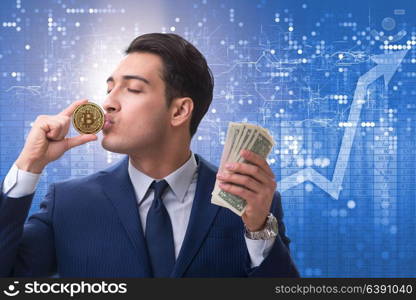 Businessman in bitcoin price increase concept