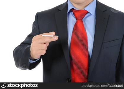 Businessman in black suit holding a cigarette. Isolated on white background