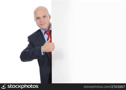 Businessman in black suit with large blank. Isolated on white background
