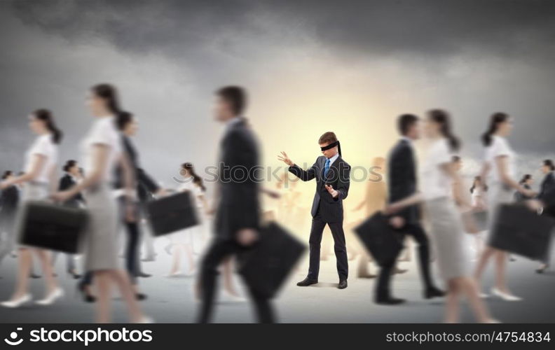 Businessman in blindfold among group of people. Image of businessman in blindfold walking among group of people