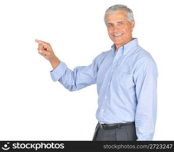 Businessman in Blue Shirt Smiling and Pointing