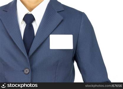 Businessman in Blue Suit Attach Business Card or White Card Isolated on White Background. Concept about Name or Advertise or Organization.