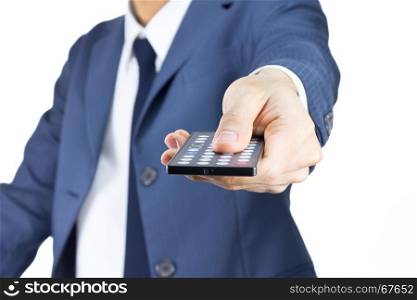 Businessman in Blue Suit Hold Remote Control Isolated on White Background. Concept about Technology or Controlling or Command.