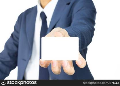 Businessman in Blue Suit Show Business Card or White Card at Low Level Isolated on White Background for Design about Organization or Company
