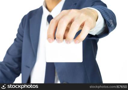 Businessman in Blue Suit Show Business Card or White Card at Top of Card Isolated on White Background for Design about Organization or Company