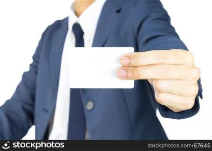 Businessman in Blue Suit Show Business Card or White Card by Two Finger at Side Isolated on White Background for Design about Organization or Company
