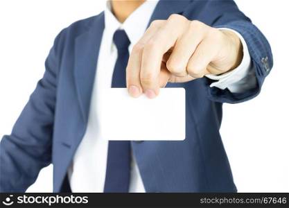 Businessman in Blue Suit Show Business Card or White Card by Two Finger Isolated on White Background for Design about Organization or Company