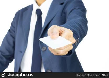 Businessman in Blue Suit Show Business Card or White Card in 45 Degree View Isolated on White Background for Design about Organization or Company