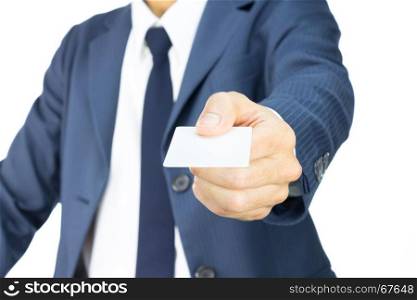 Businessman in Blue Suit Show Business Card or White Card in Straight View Isolated on White Background for Design about Organization or Company