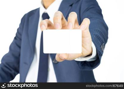 Businessman in Blue Suit Show Business Card or White Card Isolated on White Background for Design about Organization or Company