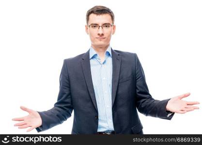 Businessman in business suit on white background hands spread out in sides isolated