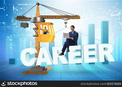 Businessman in career progression concept with crane