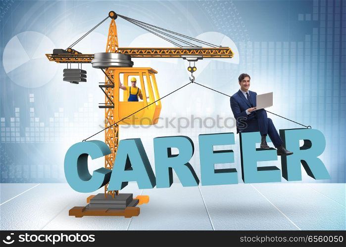 Businessman in career progression concept with crane