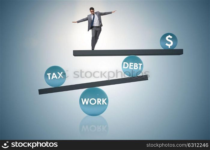 Businessman in debt and tax business concept. The businessman in debt and tax business concept