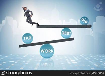 Businessman in debt and tax business concept. The businessman in debt and tax business concept