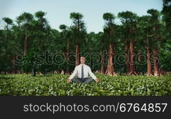 Businessman in Forest Meditating
