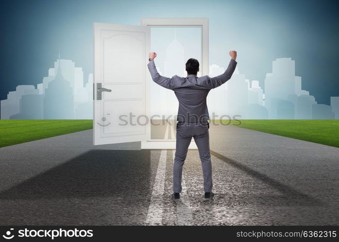 Businessman in front of door in business opportunities concept