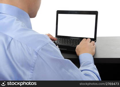 businessman in front of laptop. Isolated on white background