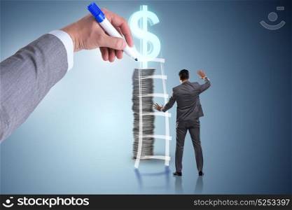 Businessman in front of money ladder