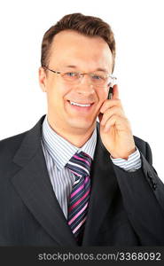 businessman in glasses speaks on cellular telephone