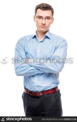 Businessman in glasses young and very successful, on a white background in the studio