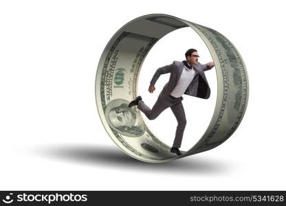 Businessman in hamster wheel chasing dollars