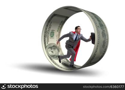 Businessman in hamster wheel chasing dollars