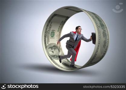 Businessman in hamster wheel chasing dollars. The businessman in hamster wheel chasing dollars